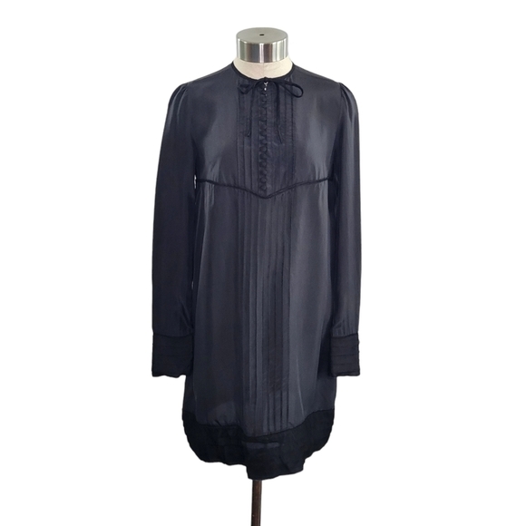 NWT DSQUARED2 Black Long Sleeve Pleated Silk Shift Dress IT 38/US 0/2 *FLAW* - Picture 1 of 13